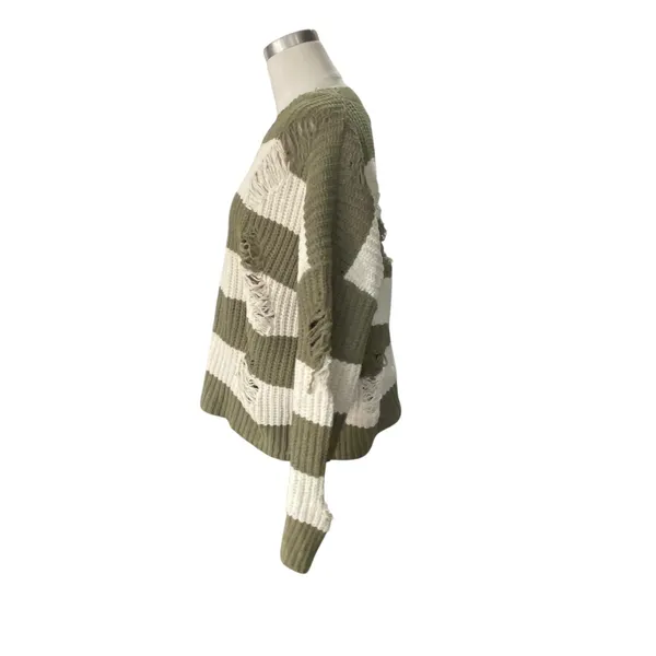 POL Distressed Olive & Cream Striped Knit Sweater - Size Small pullover - Image 3