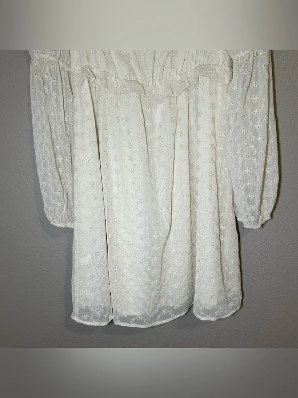 Storia Neutral Sheer V Neck Long Sleeve Cottagecore Mini Dress Women’s Medium - Image 6