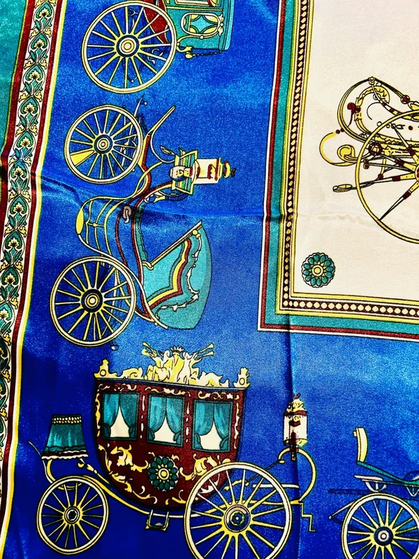VINTAGE EQUESTRIAN horse&carriage ROYAL BLUE silky SCARF 35’/35’ inches - Image 14