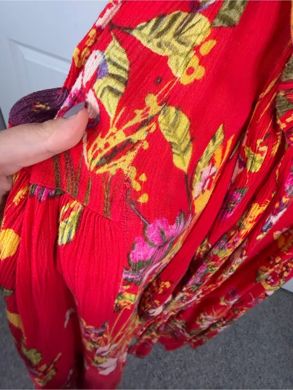 Free People Red Floral Wide Leg Pants Size M Boho High Rise Rayon - Image 15