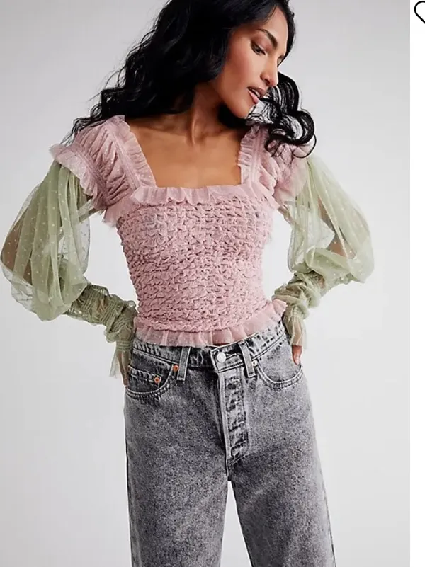 Nwot FREE PEOPLE Nothing Sweeter Top lace mesh pink / green summer cottage boho - Image 2