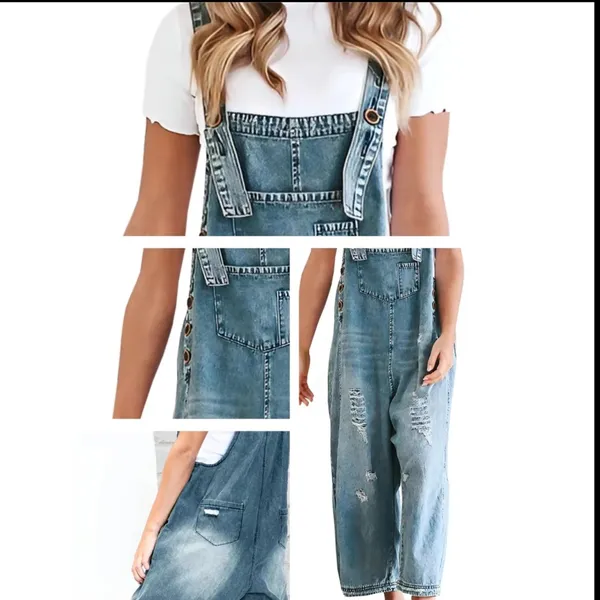 Women's Distressed Blue Denim Overalls (Oversize) Size L - Image 10