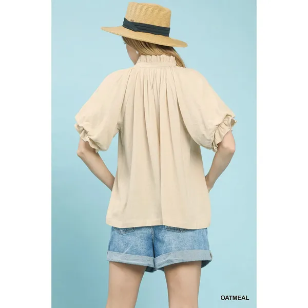 Umgee Linen V-Neck Flutter Sleeve Top - Medium - Image 3