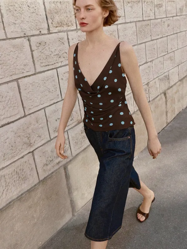 Zara Brown Cowl Neck Camisole with Light Blue Polka Dots - Image 2