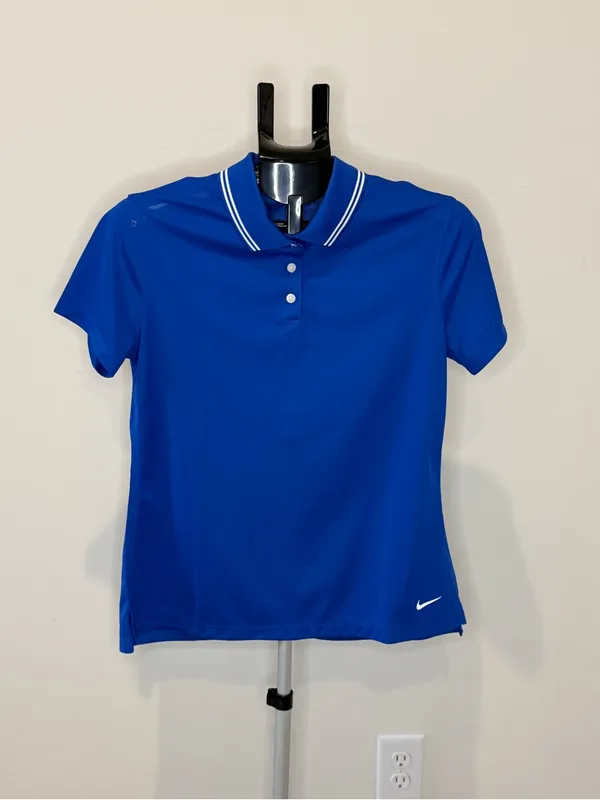 Nike Dri-FIT Women’s Golf Polo Medium Royal Blue White Stripe Collar Standard Fi - Image 2