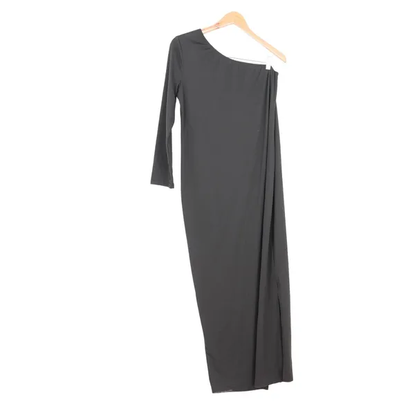 Black One Shoulder Maxi Dress Long Sleeve Side Slit Minimalist Medium - Image 5