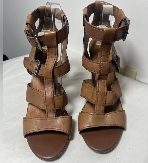 Aldo Strappy Gladiator Stacked Block Heel Leather Sandals Cognac Sz 9 - Image 5