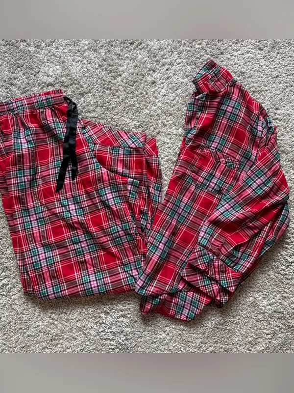 Victoria's Secret Red Pink Green Plaid Flannel Pajama Set Women’s Size Large - Image 4