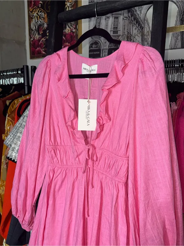 Mika & Gala Carnivale Pink Balloon Sleeve Ruffle Mini Dress Womens XS New NWT - Image 10