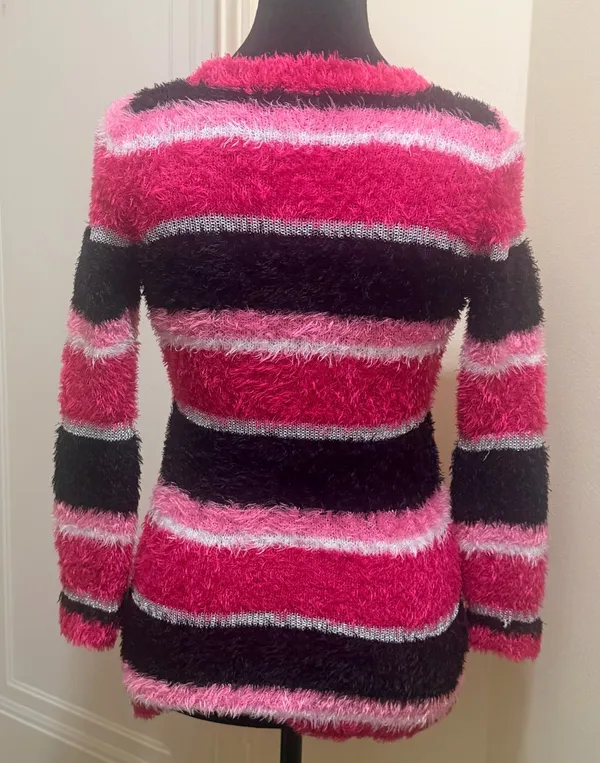 Falls Creek Pink, Black & Metallic Striped Fuzzy Sweater - Junior Size L - NWOT - Image 5