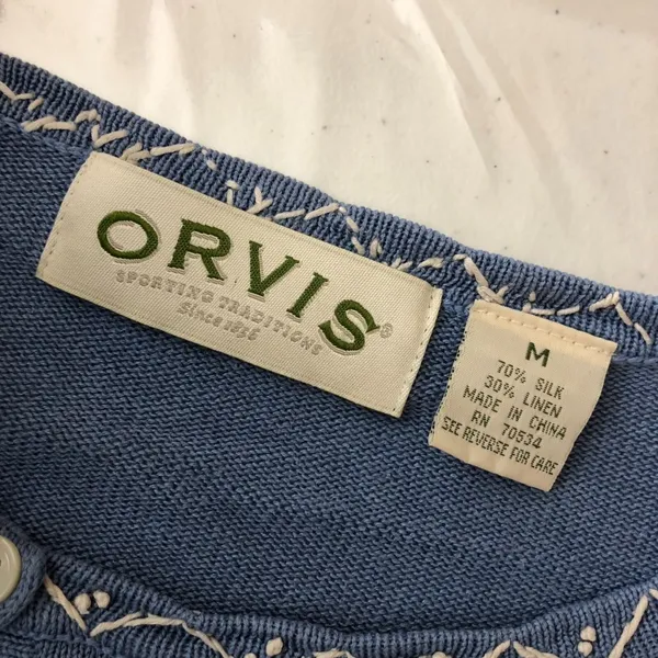 Orvis Womens Cardigan Sweater Silk Linen Blend Embroidered Blue White Size M - Image 3