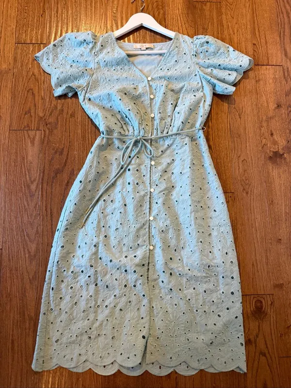 Loft blue eyelet cap sleeve dress tie waist size small petite - Image 5