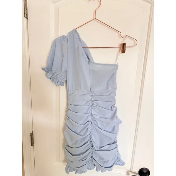 Hello Molly Mini Dress Women 4 Light Blue Excellent One‎ Shoulder Ruched Ruffle - Image 6