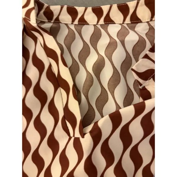 Brown Cream Abstract Wave Print Blouse Long Sleeve Retro Boho Statement - Image 6