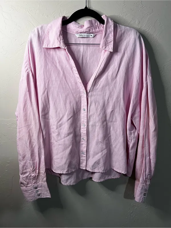 Zara Linen Blend Pink Oversized Cropped Button Down Travel Vacation Preppy Shirt - Image 2