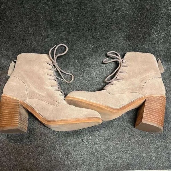 Dolce Vita Lace Up Heeled Ankle Boots Women's‎ Taupe Suede Leather Stacked Heel - Image 5