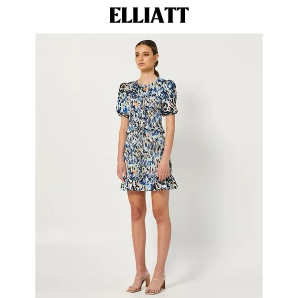 Elliatt Incubus Smocked Short Sleeve Mini Dress in Blue Multi Size Small NWT - Image 3