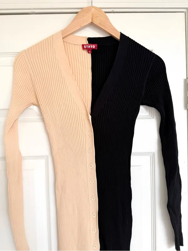STAUD Shoko Two Tone Ribbed Button Down Midi Dress Colorblock Cream tan Black XS - Image 6