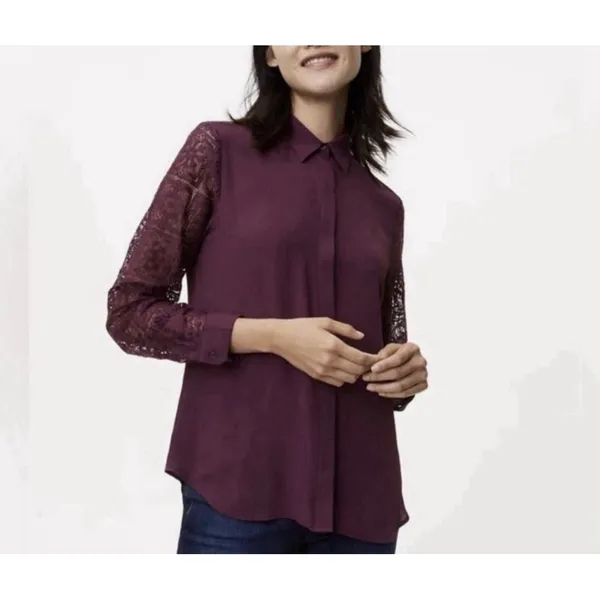 Ann Taylor LOFT Plum Burgundy Lace Sleeve Button Down Blouse Shirt Romantic Goth Witchy S - Image 2