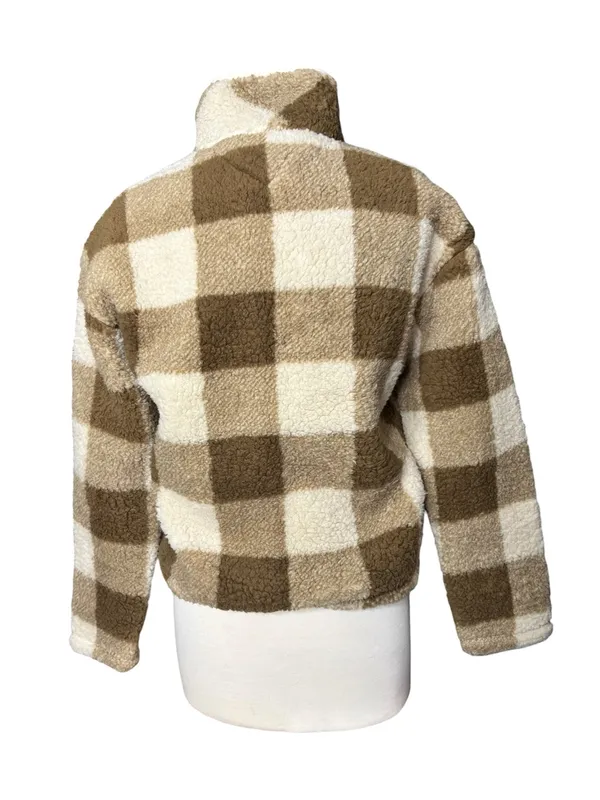Tommy Jeans Brown Buffalo Check Sherpa Half-Zip Pullover Jacket (Size S) - Image 3