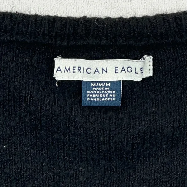 American Eagle Black Fuzzy Knit Cropped Henley Sweater Women’s Medium - Image 2