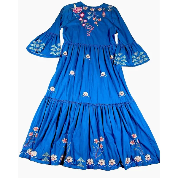 Johnny Was Bluebelle Embroidered Teal Maxi Dress S Bell Sleeve Peasant Tiered - Image 5