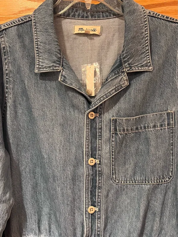 Madewell Denim Long-Sleeve Button-Front Cotton Romper in Rushland‎ Wash Size XXL - Image 6