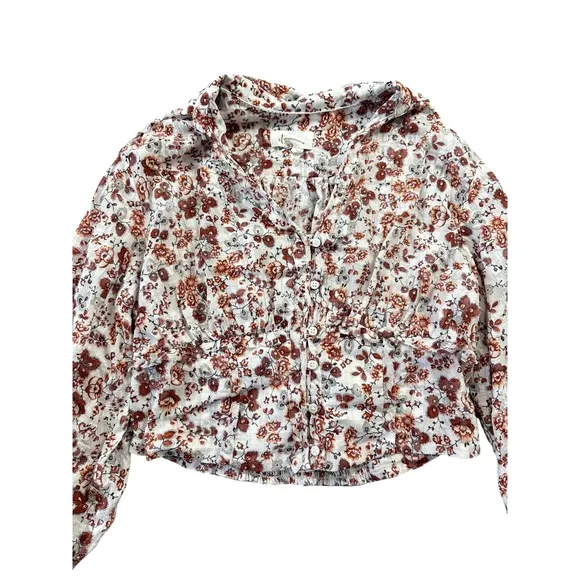 Anthropologie Gauzy Cream Floral‎ Button Front Cropped Blouse Rust Long Sleeve - Image 2