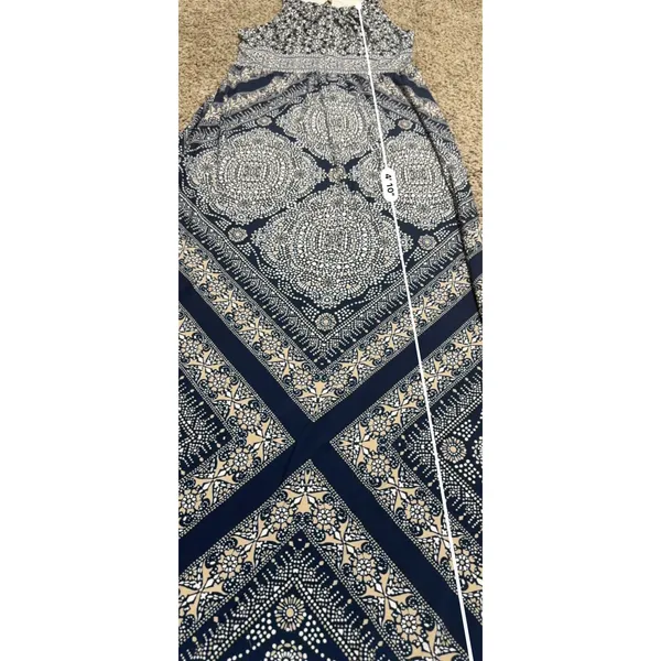 London Times Navy Blue Geometric Medallion Print Sleeveless Maxi Dress Size 8 - Image 7