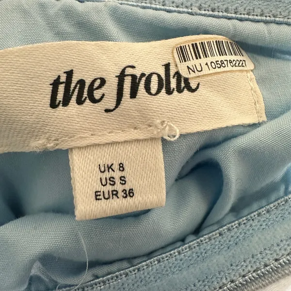 The Frolic‎ Strapless Plum Scallop Jumpsuit S Light Blue Wide Leg Anthropologie - Image 4