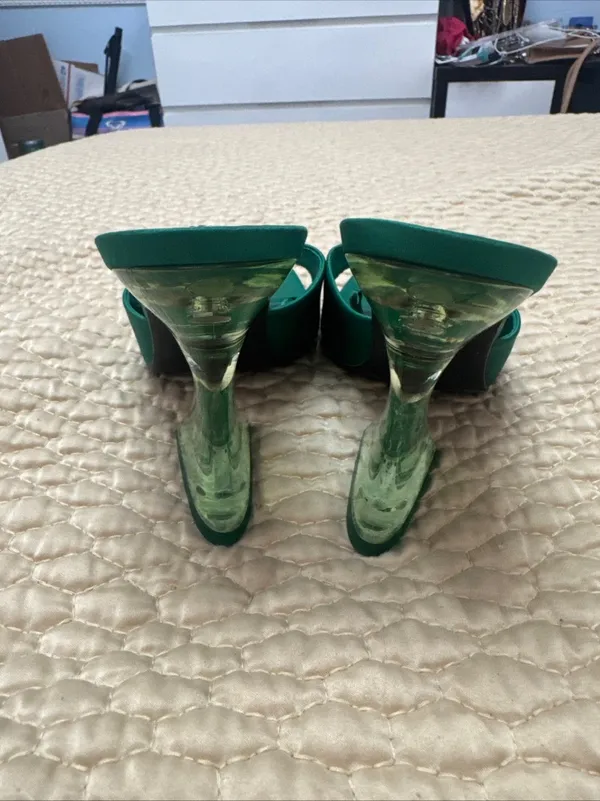 Zara Women’s Green Satin Strap Slides Square Front Chunky Block Acrylic Heel 39 - Image 3