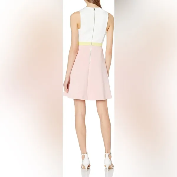 ERIN by Erin Fetherston Pink and Yellow Colorblock Callie Scuba Flare‎ Dress - Image 4