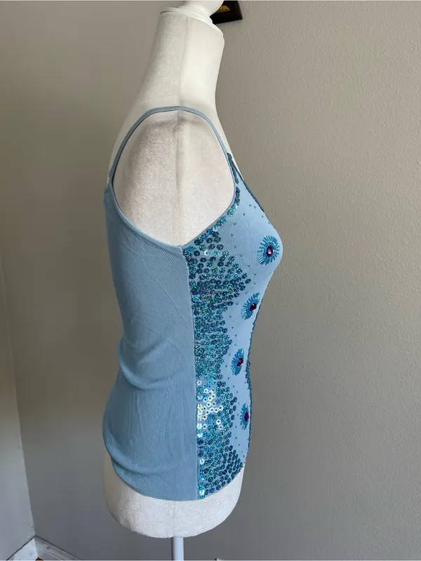 Sequined Light Blue Spaghetti Strap Tank Top Size M - Image 4