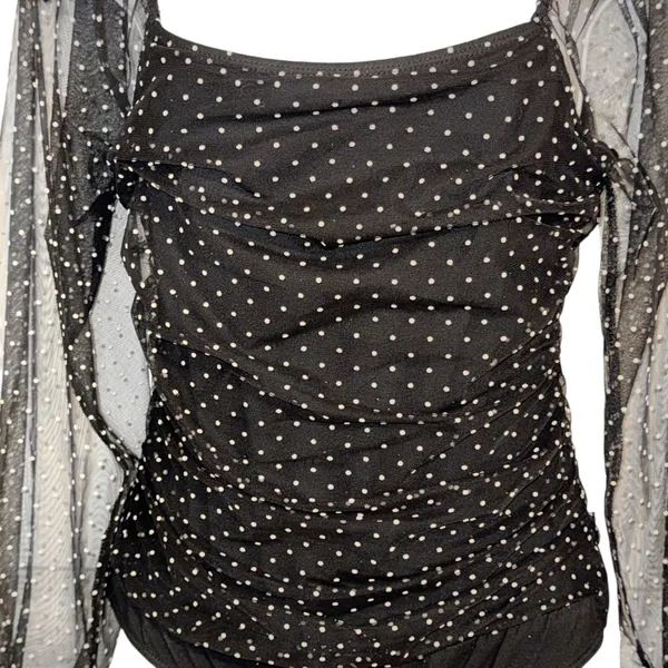 LE LIS COLLECTION Dina Black Swiss Dot‎ Sheer Sleeve Square Neck Bodysuit Medium - Image 3