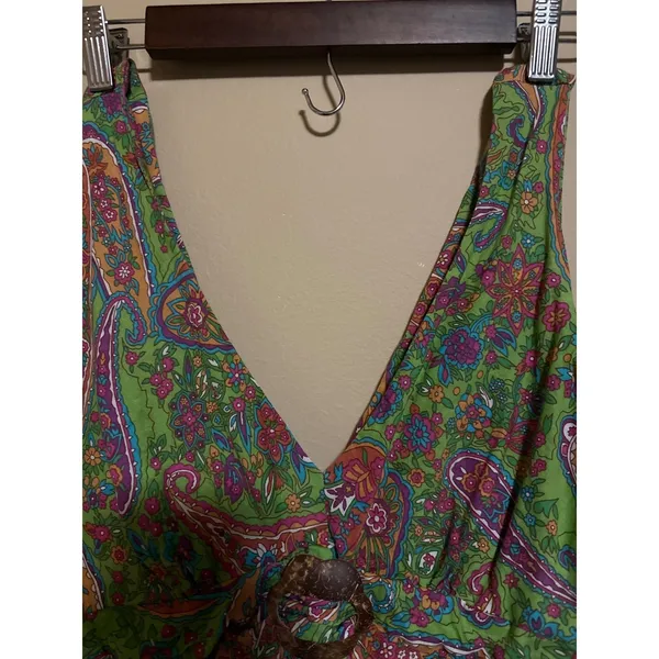 100% Cotton Paisley Mini Dress Green Boho V-Neck Wooden Ring Womens M western‎ - Image 4