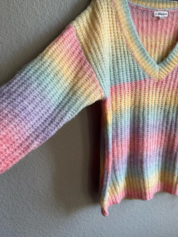 Beginning Boutique Rainbow Colorful Knit V-Neck Sweater - Image 3