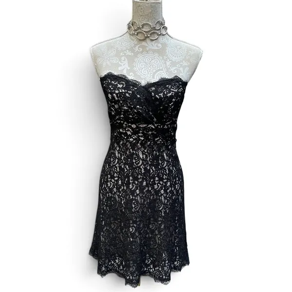 White House Black Market Black Lace Dress Strapless Cocktail Formal Sz 4 Small - Image 3
