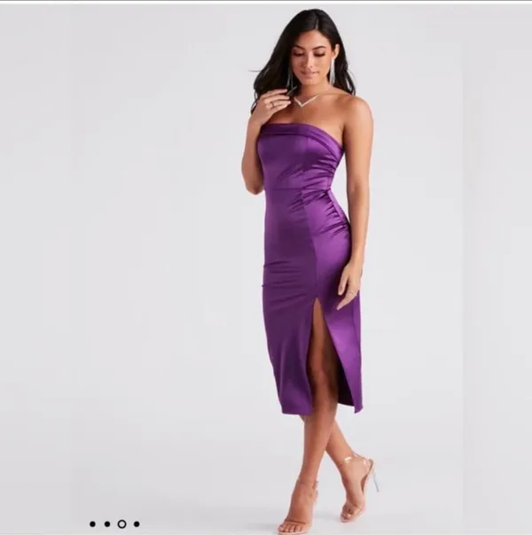 Windsor Jenny Purple Strapless High Slit Satin Midi Dress - Image 4