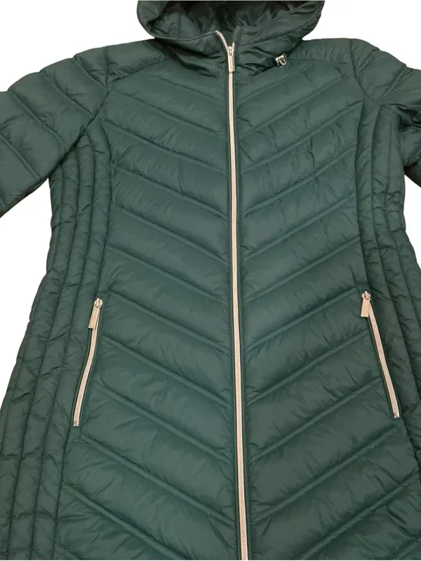 Michael Kors packable quilted hooded down filled coat green size medium - Image 3