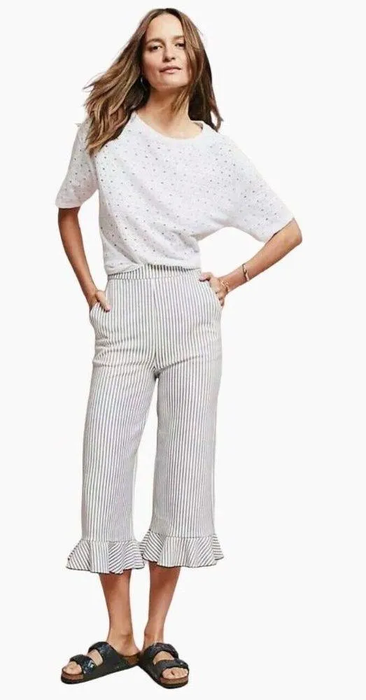 Gray Striped Ruffle Cropped Bell Bottom Linen Pants - XS - Image 3