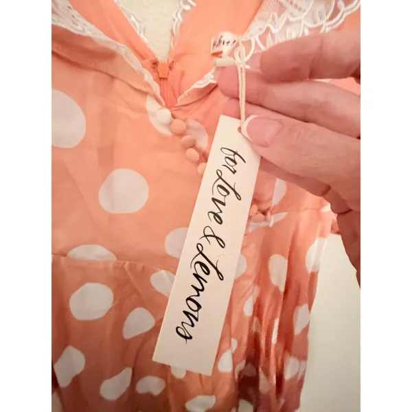 For Love & Lemons‎ Mini Dress Women L Peach Polka Dot CD2932-SP23 Lace Trim New - Image 6