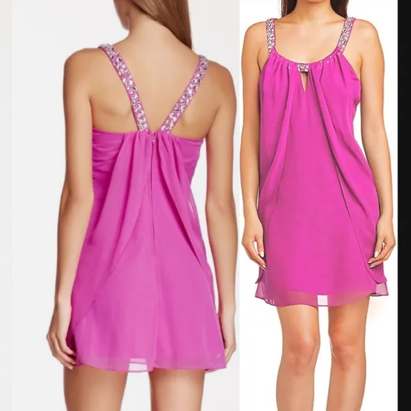 hailey logan Adrianna Papell hot pink( Fuchsia)rhinestone Chiffon short dress 7 - Image 2