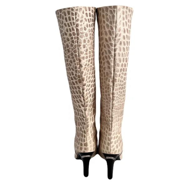 Karen Millen Ivory Croc Embossed Leather Heeled Knee High Boots, Size 38 - Image 5
