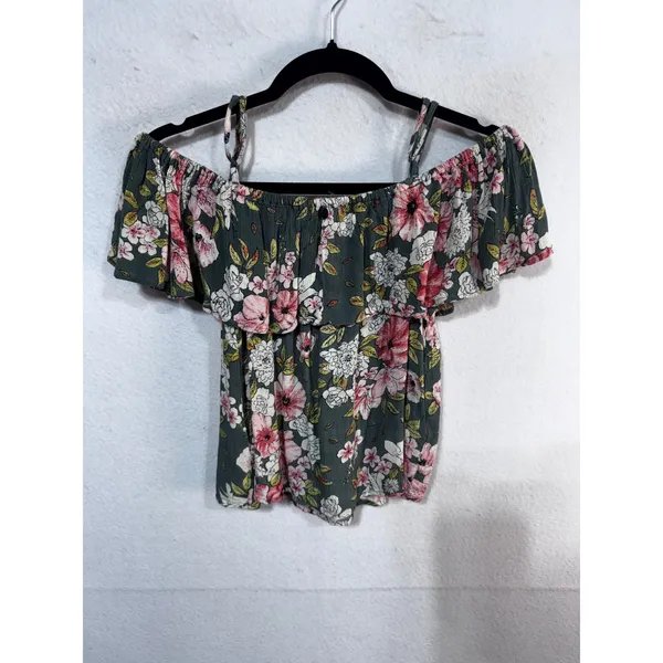 Billabong Green Floral Off-the-Shoulder Ruffle Top Small Boho Tropical Tourist - Image 5