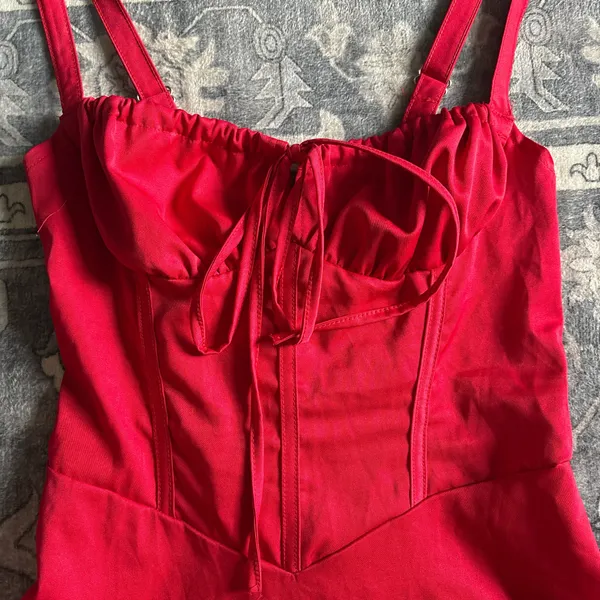 Red satun milkmaid dress - Image 3
