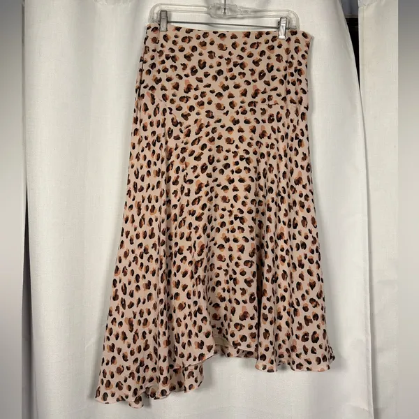 Theory Asymmetric Leopard Tan and Black Silk Midi Skirt Size 10 - Image 3