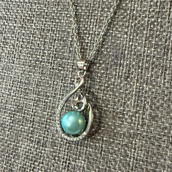Blue Faux Tahitian Pearl Diamond Silver Necklace 20" - Image 3