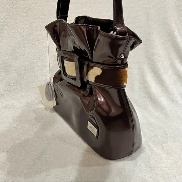 Beijo Copper Brown Faux Leather Bag with Cow Hair Belt Detail NWT - Image 4