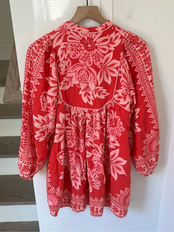 Farm Rio Linen Mini Dress Flora Tapestry Anthropologie Bracelet Long Sleeve Pink - Image 4
