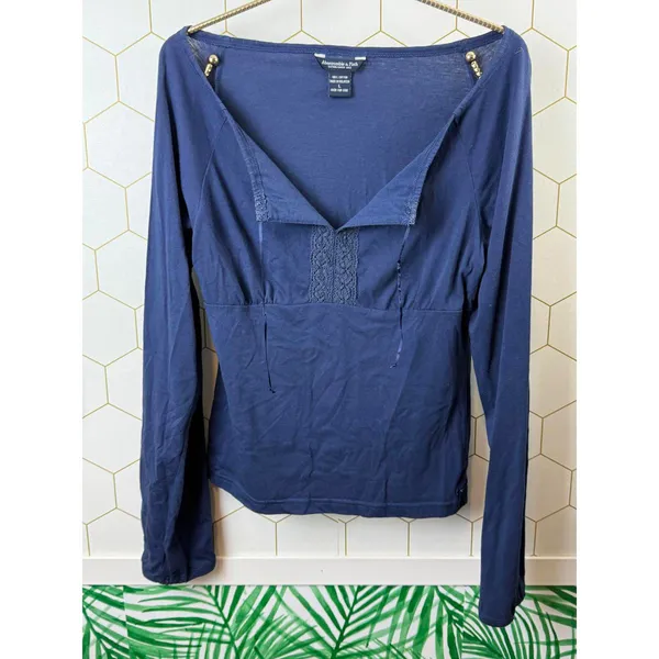 Abercrombie & Fitch Y2K Navy Babydoll V-Neck Long Sleeve Tee - Size - Large - Image 6